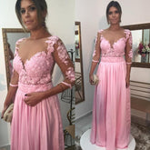 Modest Pink V Neck Long Sleeves Prom Dresses,Charming Formal Evening Dresses,PO30