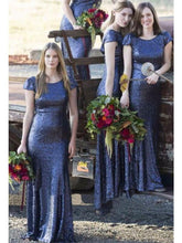 navy blue sequin bridesmaid dress,long bridesmaid dress,short sleeves bridesmaid dress,sparkle bridesmaid dress,BD2635