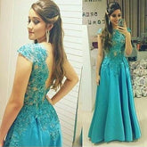 blue Prom Dresses,long prom dress,cap sleeves prom Dress,A-line prom dress,lace applique prom gown,BD2801