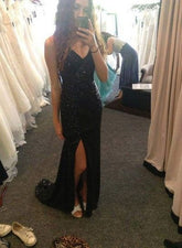 black Prom Dresses,long prom dress,sexy v-neck prom Dress,side slit prom dress,sparkle evening dress,BD2802