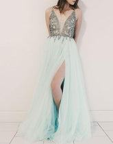 A-line light green tulle long prom dresses, light green evening dresses,PD790005