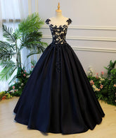 Black Round Neck Satin Long Prom Gown, Black Evening Dresses,PD4558941