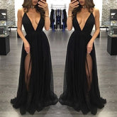 black Evening Dress,v-neck Prom Dress,long prom dress, sexy prom dress,tulle evening dress,BD2700