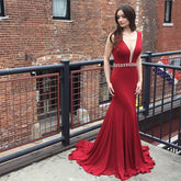 Mermaid Long Prom Dresses,Red Prom Dress with Deep V Back Formal Evening Dresses,PD4558990