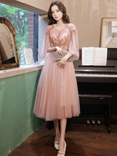 A line pink tulle beads short prom dress pink formal evening dress,BD22250