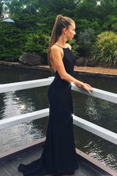 Black Mermaid Lace Appliques Backless Spaghetti Straps Long Prom Dresses,BD22030