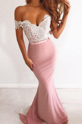 Pink Off the Shoulder Mermaid Lace Long Prom Dresses Cheap Party Dresses,BD22028