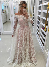 off shoulder long ivory lace long sleeves prom dress, HO231