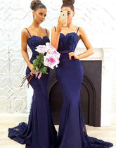 Mermaid dark blue lace long prom dresses, bridesmaid dresses,BD1101