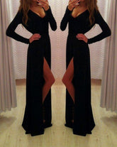 black Prom Dresses, long sleeves prom dress, side slit prom Dress,long prom dress,evening dress,BD1987