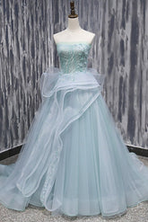 Mint Tulle Long Strapless Ruffles Sweet 16 Prom Dress, BH91216