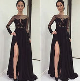 Long Sleeve Prom Dresses,Leg Slit Prom Dress,Black Prom Dresses,Chiffon Prom Dress,Cheap Prom Dresses,PD00141
