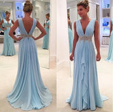 blue Prom Dresses,V-neck prom dress,charming prom Dress,chiffon prom dress,formal prom gown,BD2410
