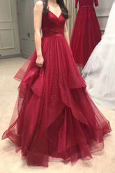 A Line Red Sweetheart Tulle Layered Long Prom Dresses BD22091