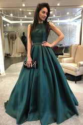 A Line Satin Dark Green Beaded Sash Long Prom Dresses BD22121