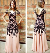 modest short sleeves blush pink with black lace appliques long prom dress,HO138