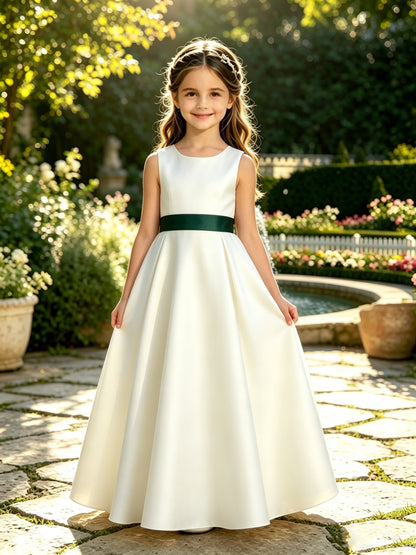 Girls Ivory Satin Flower Girl Dress Sleeveless A-Line Ball Gown with Green Sash for Wedding