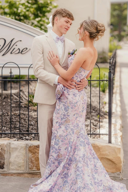 Mermaid Strapless Lavender Long Jacquard Satin Prom Dresses