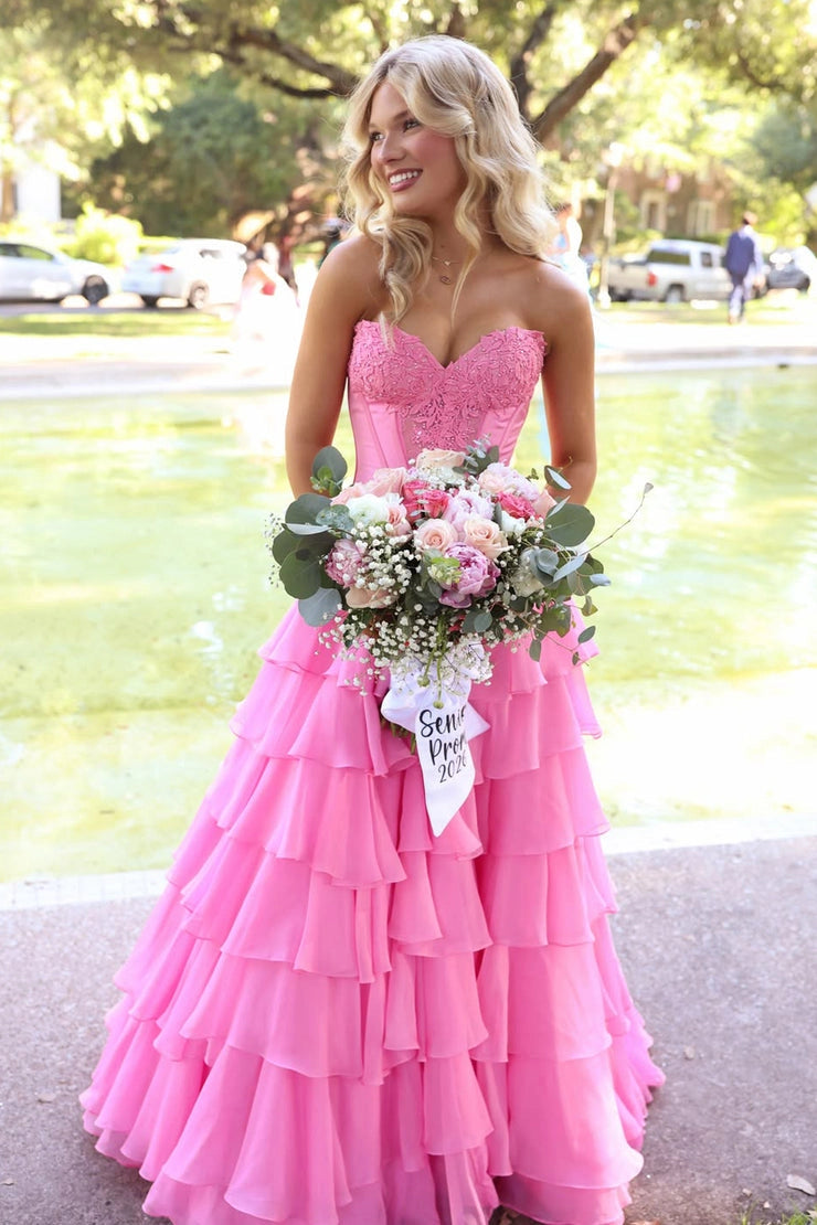 A Line Pink Chiffon Sweetheart Prom Dresses with Slit