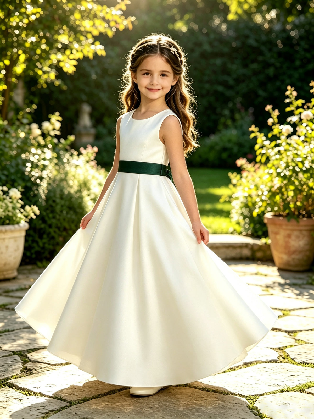 Girls Ivory Satin Flower Girl Dress Sleeveless A-Line Ball Gown with Green Sash for Wedding