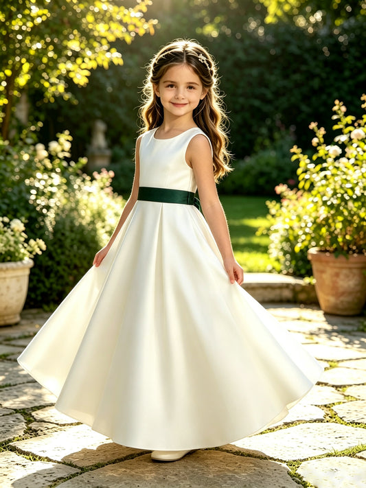 Girls Ivory Satin Flower Girl Dress Sleeveless A-Line Ball Gown with Green Sash for Wedding
