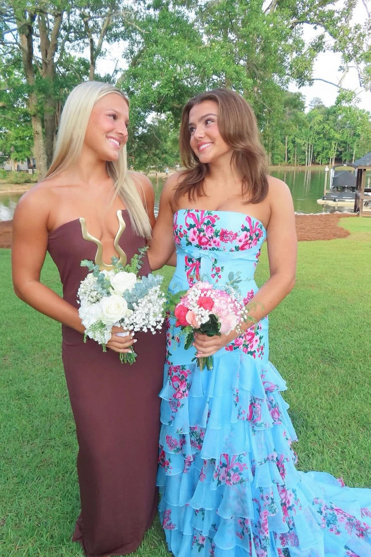 Mermaid Strapless Blue Floral Chiffon Tiered Prom Dresses