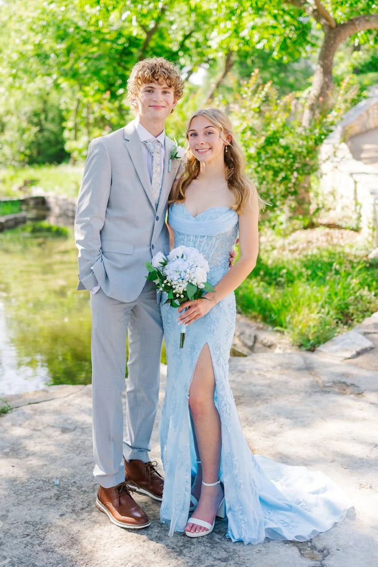 Mermaid Sweetheart Light Blue Lace Long Prom Dresses with Slit
