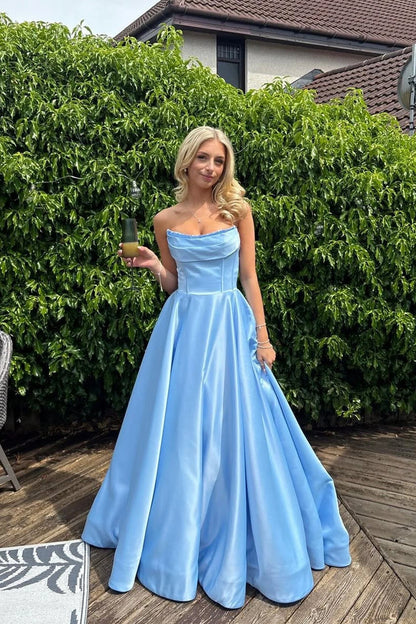 A Line Scoop Neck Blue Satin Long Prom Dresses with Beading