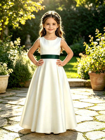 Girls Ivory Satin Flower Girl Dress Sleeveless A-Line Ball Gown with Green Sash for Wedding