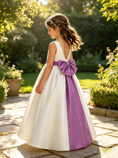 Girls Ivory Satin Flower Girl Dress Sleeveless A-Line Ball Gown with Green Sash for Wedding