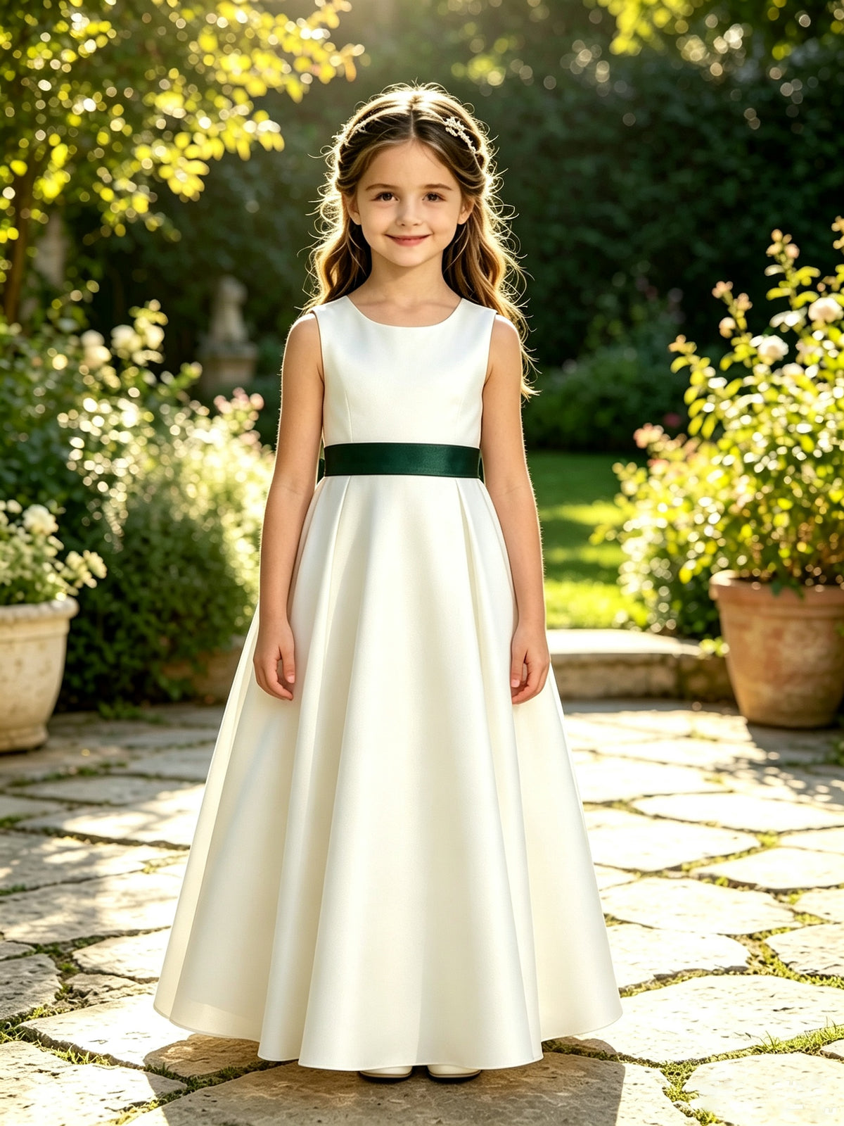 Girls Ivory Satin Flower Girl Dress Sleeveless A-Line Ball Gown with Green Sash for Wedding