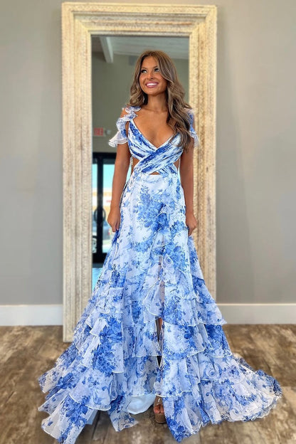 A Line V Neck Floral Printed Chiffon Long Prom Dresses