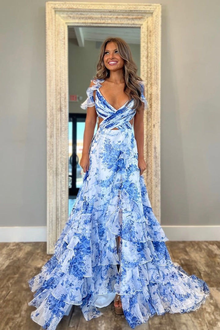 A Line V Neck Floral Printed Chiffon Long Prom Dresses