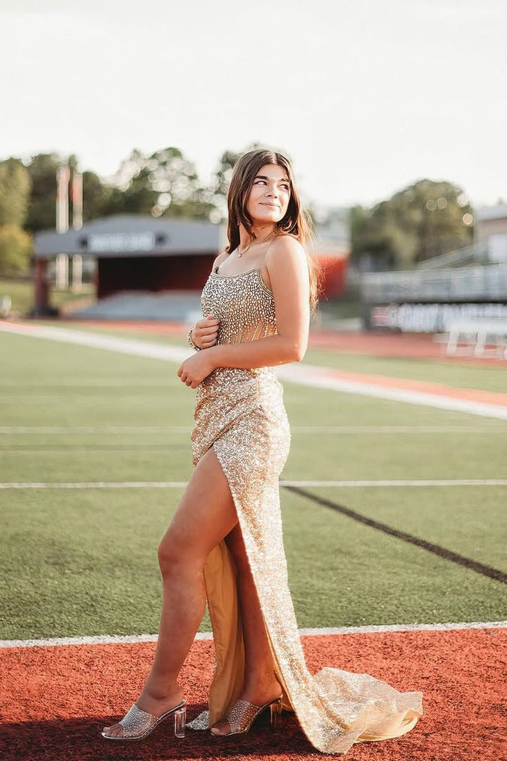 Mermaid Scoop Neck Champagne Sequins Prom Dresses