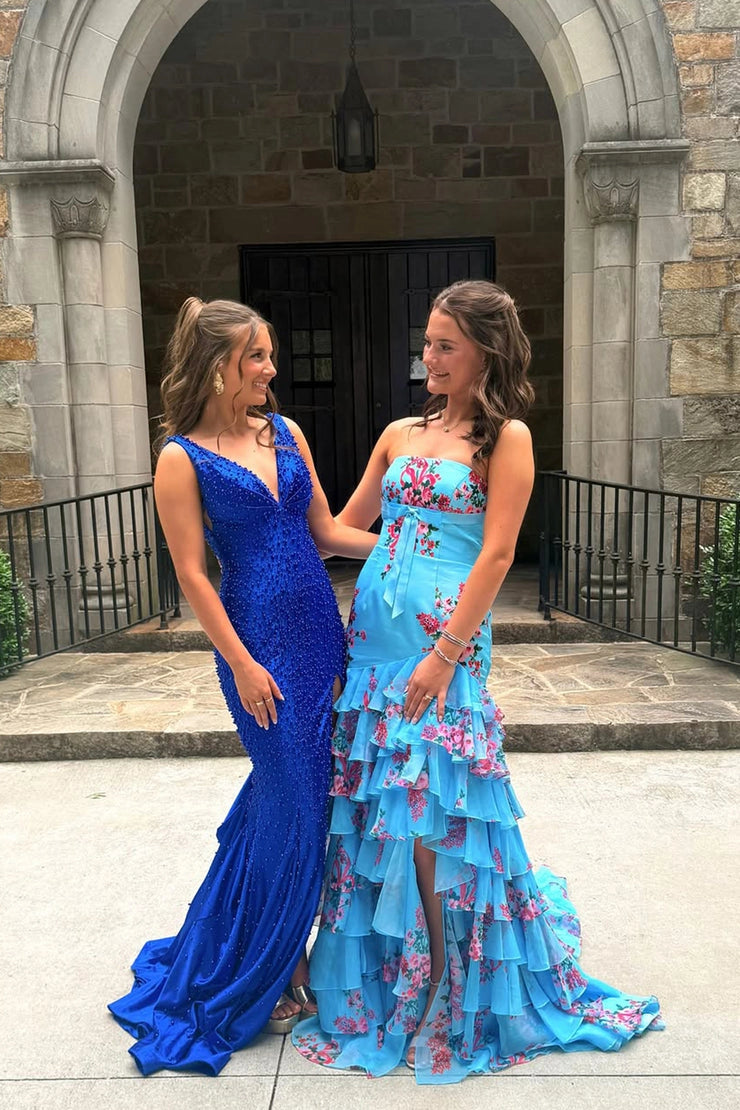 Mermaid Strapless Blue Floral Chiffon Tiered Prom Dresses