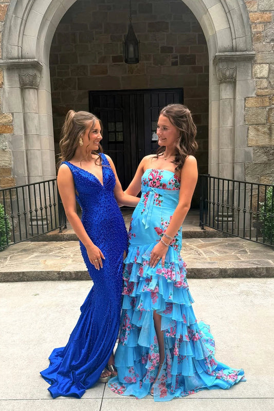 Mermaid Strapless Blue Floral Chiffon Tiered Prom Dresses