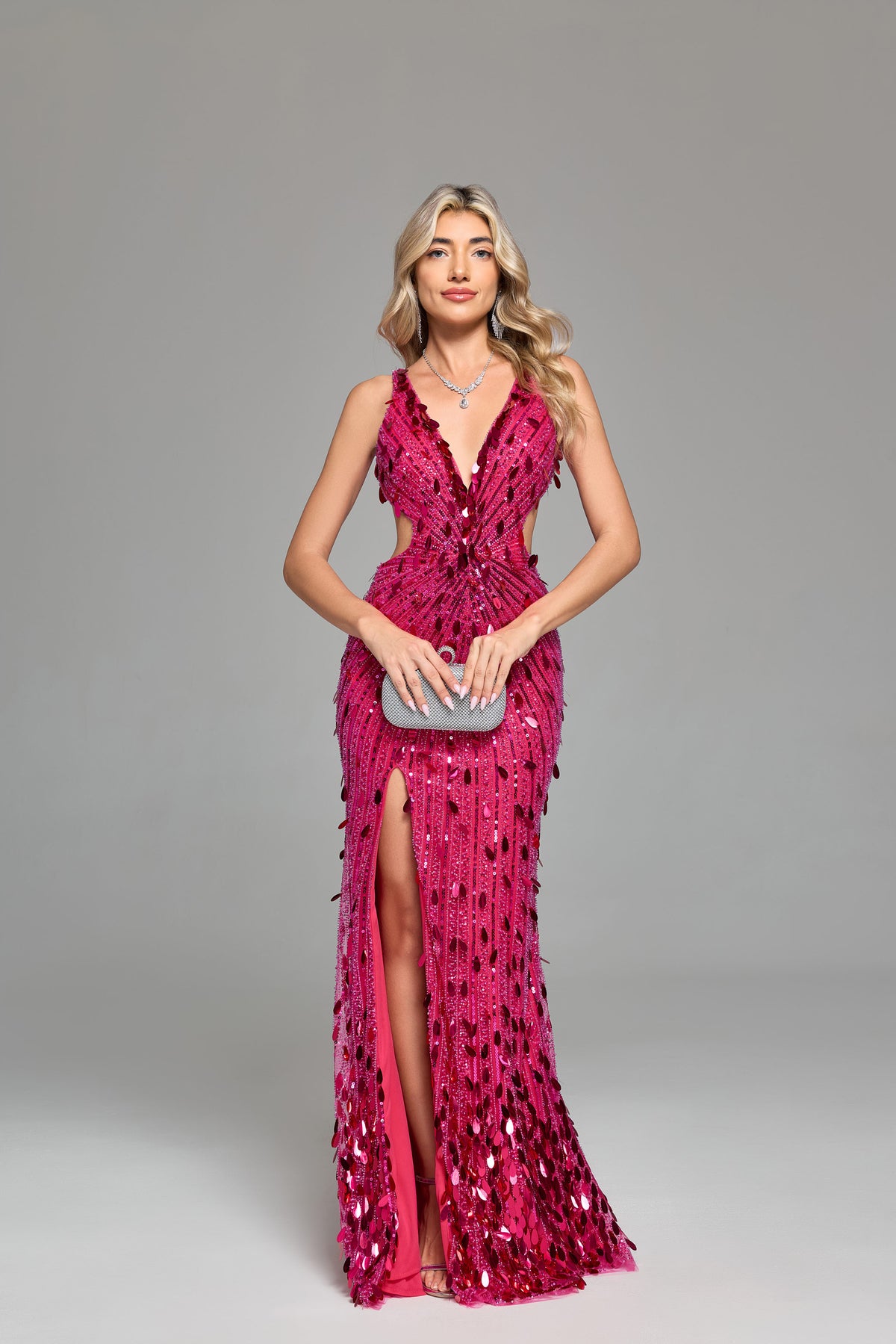 Solid Black Sparkly V-neck High Slit Mermaid Long Dresses