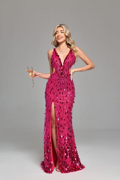 Solid Black Sparkly V-neck High Slit Mermaid Long Dresses