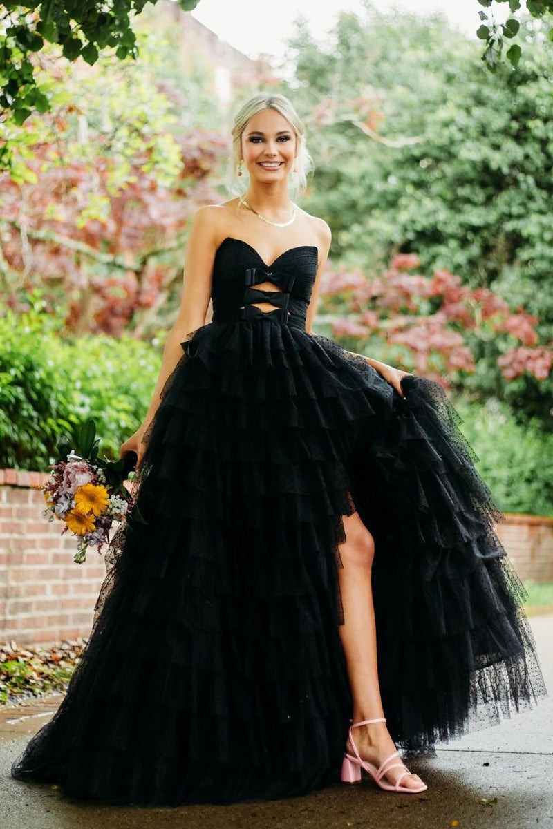 Cute Ball Gown Long Black Tiered Tulle Sweetheart Prom Dresses,PD2409000