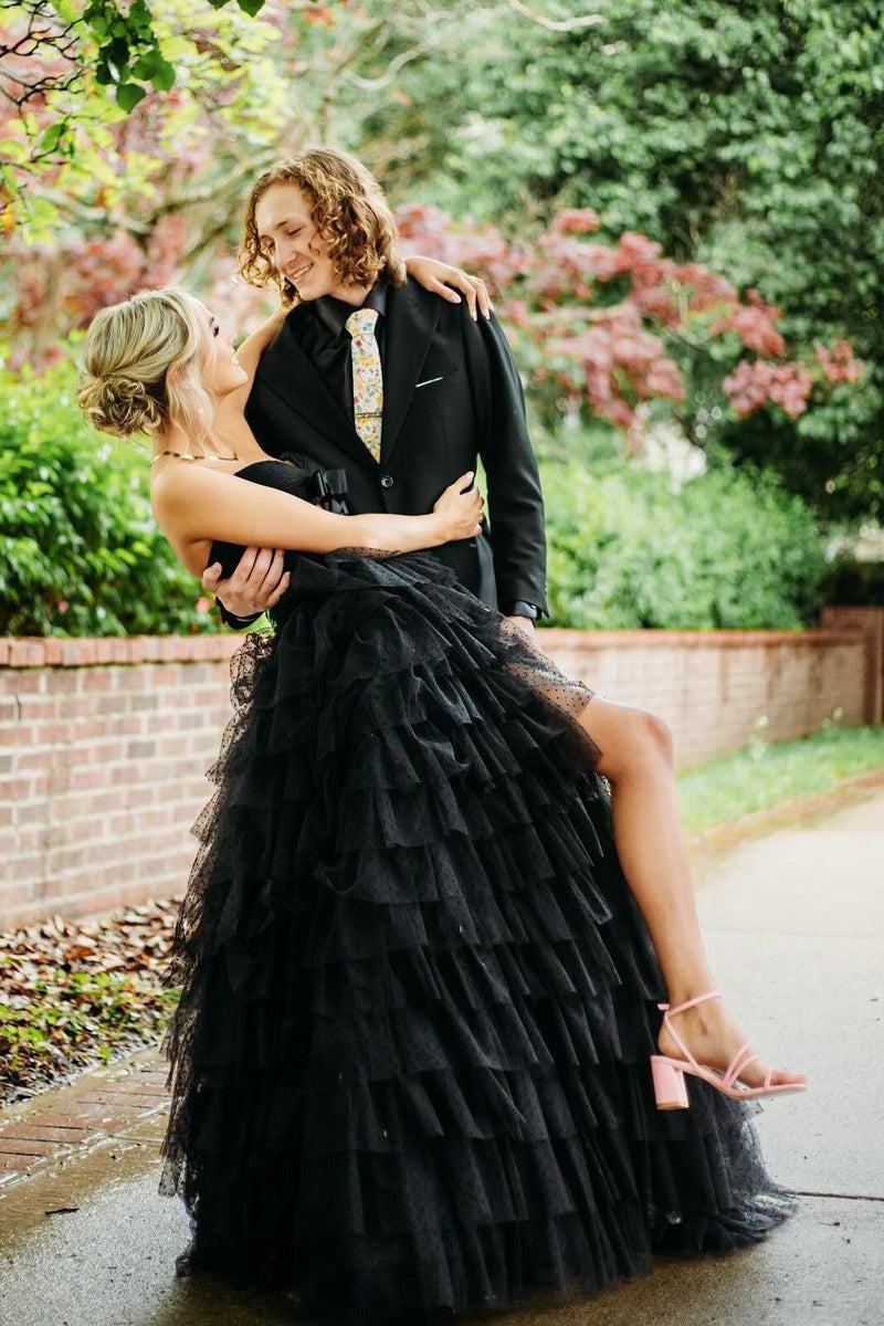 Cute Ball Gown Long Black Tiered Tulle Sweetheart Prom Dresses,PD2409000