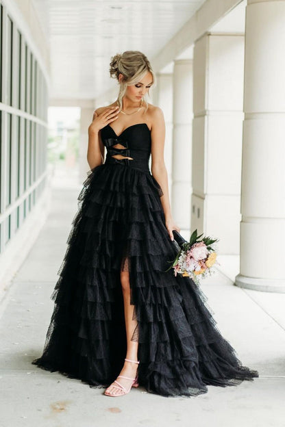 Cute Ball Gown Long Black Tiered Tulle Sweetheart Prom Dresses,PD2409000