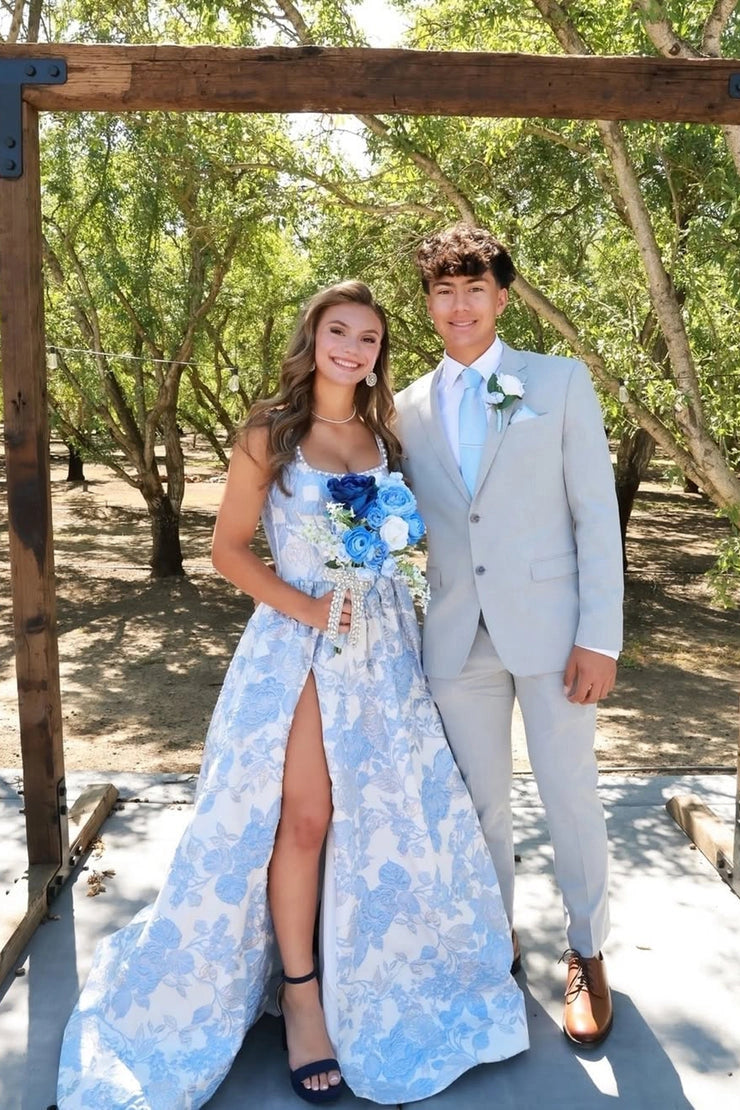 A Line Square Neck Jacquard Satin Long light blue Prom Dresses