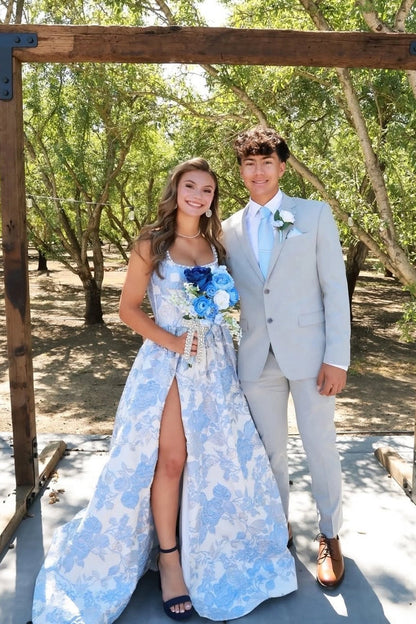 A Line Square Neck Jacquard Satin Long light blue Prom Dresses