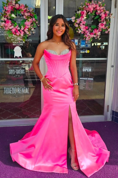 Fashion Satin Mermaid Sweetheart Pink Prom Dress with Beading