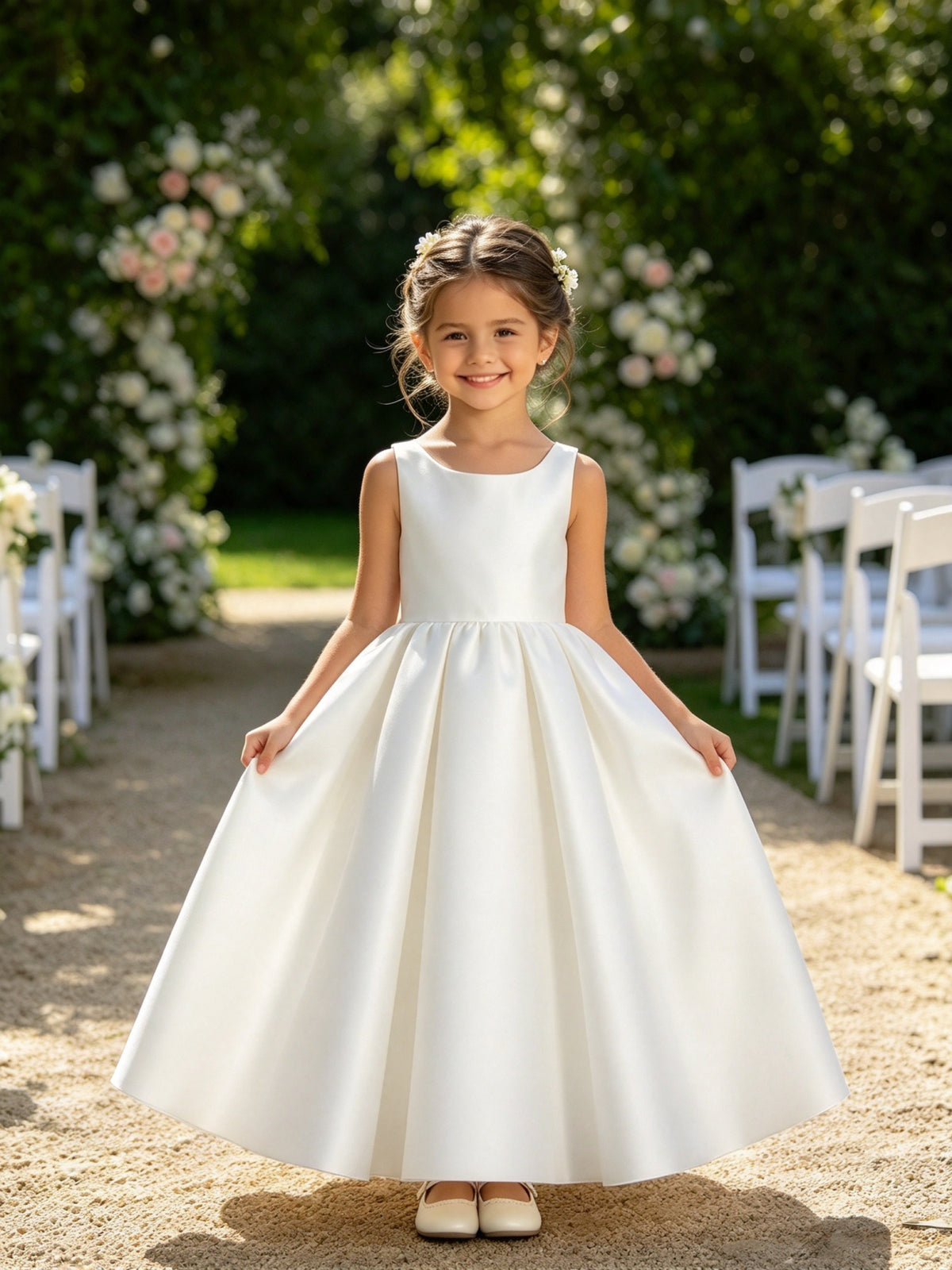 Girls White Satin Flower Girl Dress Sleeveless A-Line Ball Gown with Bow Back for Wedding and Formal Occasions