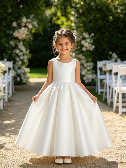 Girls White Satin Flower Girl Dress Sleeveless A-Line Ball Gown with Bow Back for Wedding and Formal Occasions