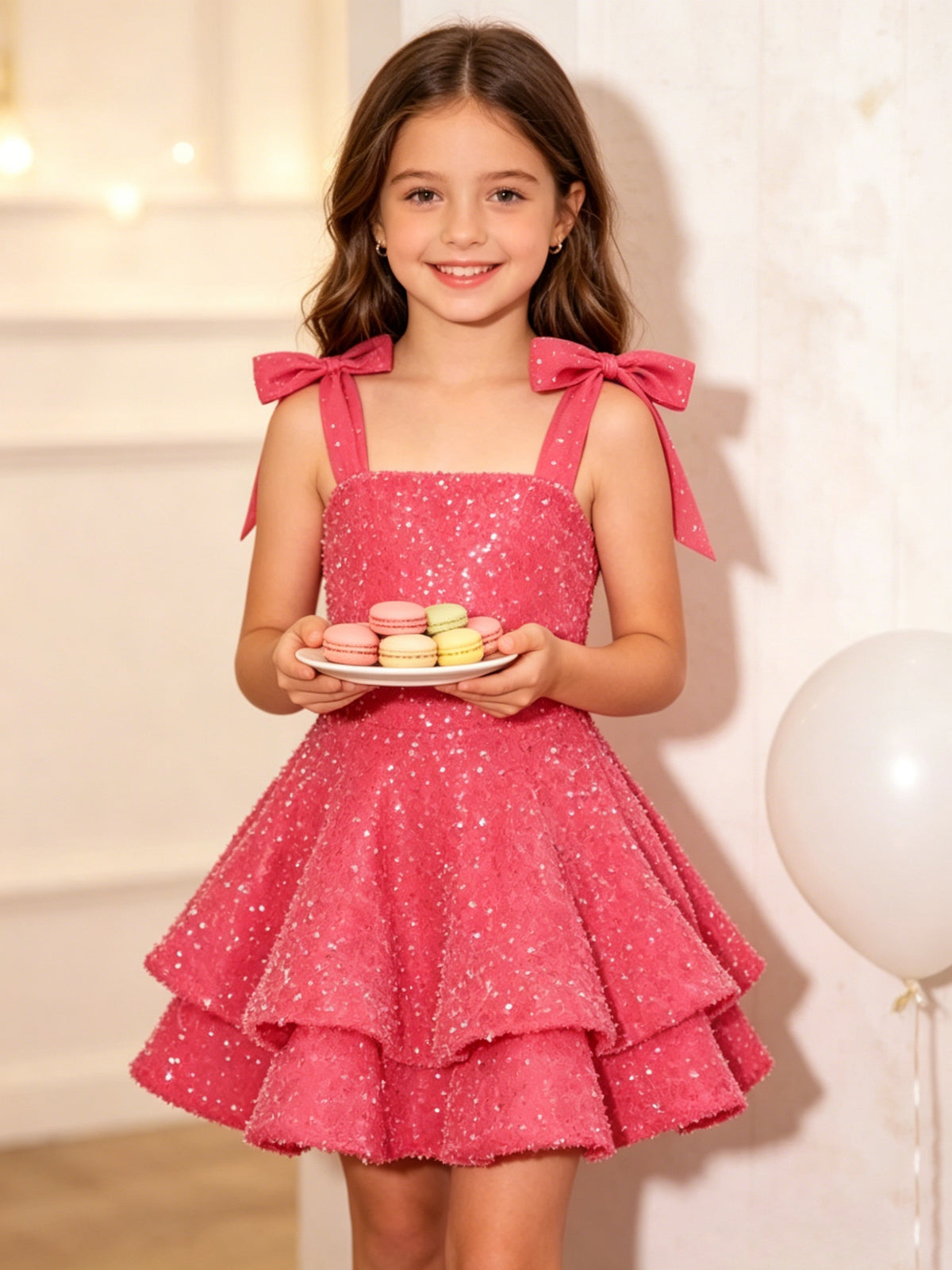 Girls Pink Sequin Flower Girl Dress with Bow Straps