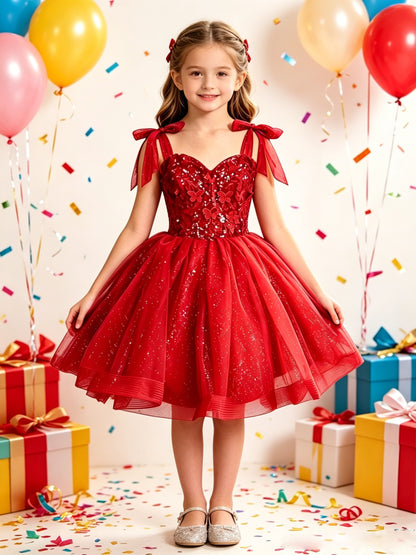 Girls Red Sequin Flower Girl Dress with Bow Straps