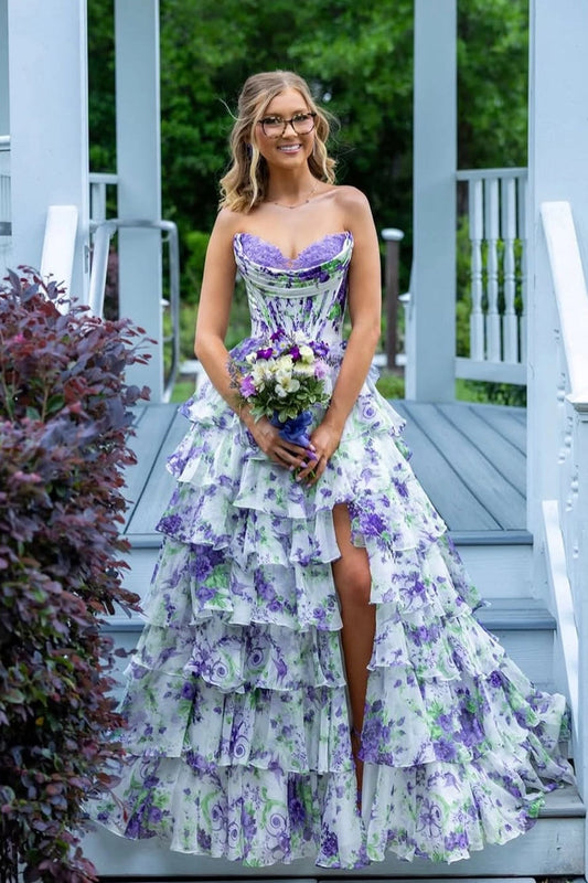 A Line Lavender Chiffon Tiered Sweetheart Prom Dresses