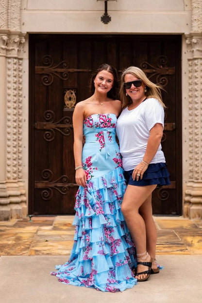 Mermaid Strapless Blue Floral Chiffon Tiered Prom Dresses